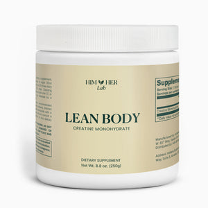 Lean Body and Mind creatine monohydrate supplement bottle by Him & Her Lab