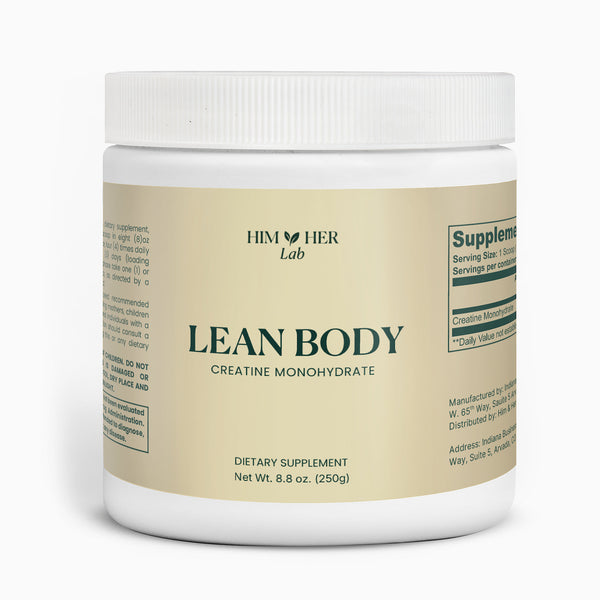 Lean Body and Mind creatine monohydrate supplement bottle by Him & Her Lab